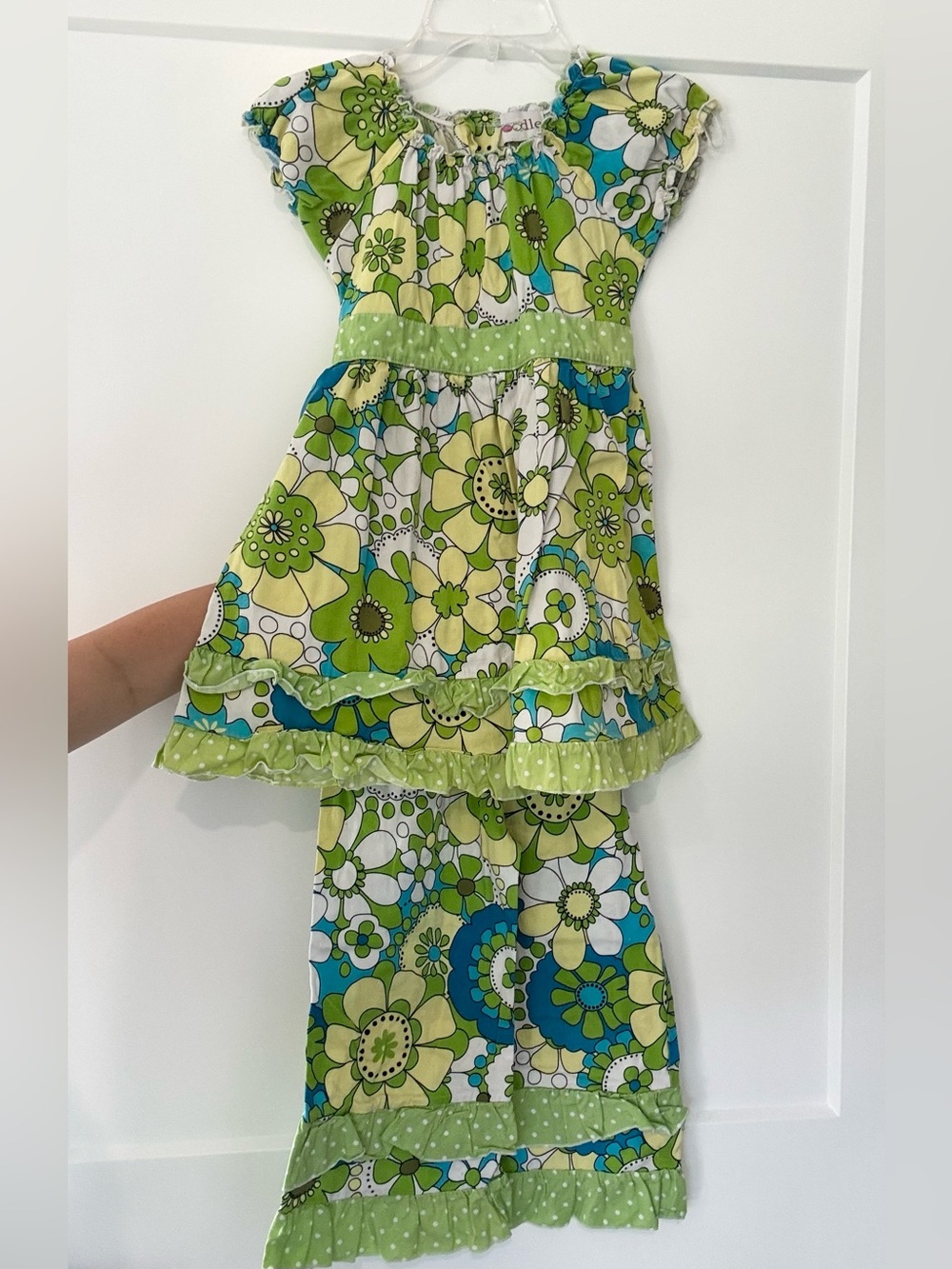 Lolly Wolly Doodle Green Yellow Blue Whimsical Floral Ruffle Pant Set Girls 7